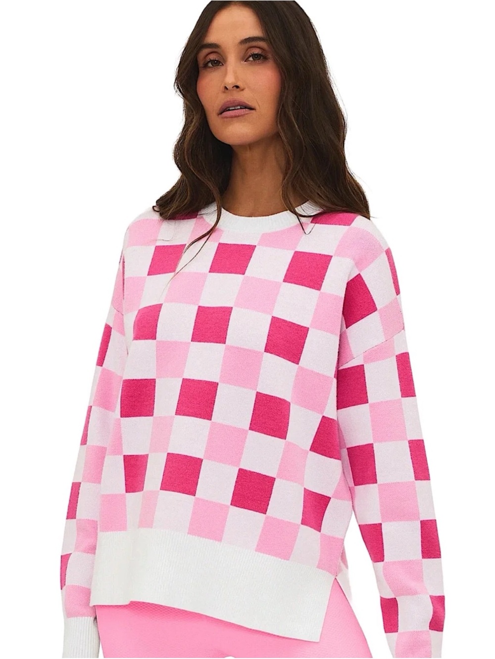 Anthropologie Beach Riot Callie Sweater Peony Petal Checker Pink Check Large NWT - Picture 6 of 14